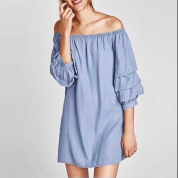 Zara Ruffle Sleeve Chambray Denim Off Shoulder Dress - Picture 1 of 16